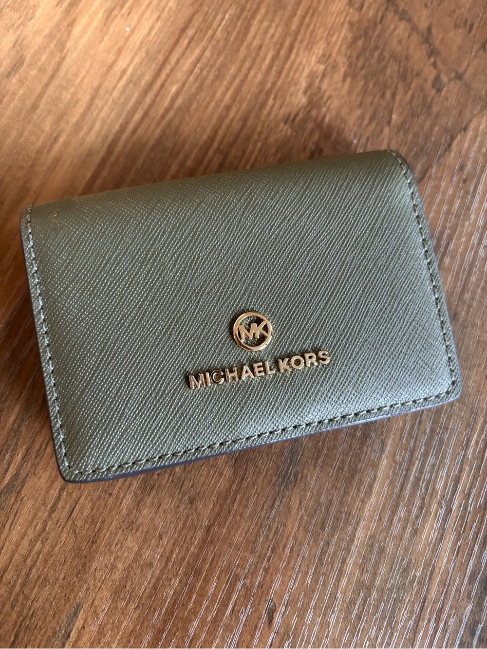 Michael Kors Olive Leather Card Wallet with Gold Logo